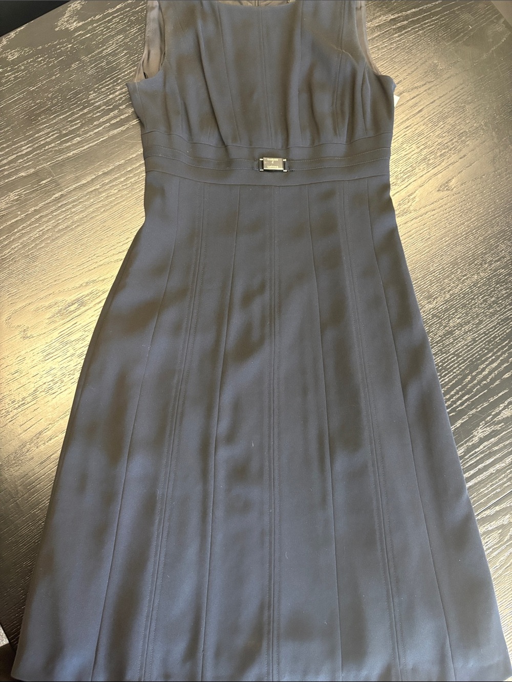 Tahari Black Sleeveless Midi Sheath Dress with Waist Buckle